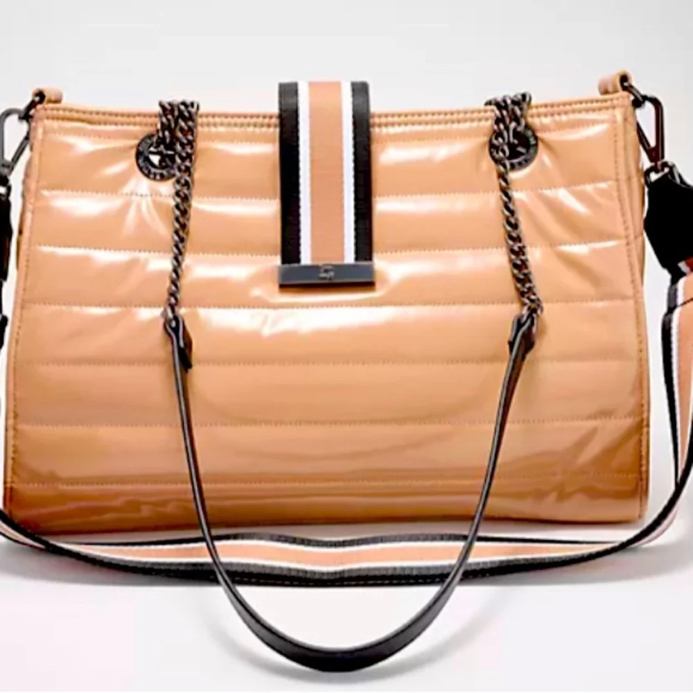New THINK ROYLN Kennedy Shoulder Crossbody Bag Dark Nude Patent Tan Beige office - Picture 1 of 4